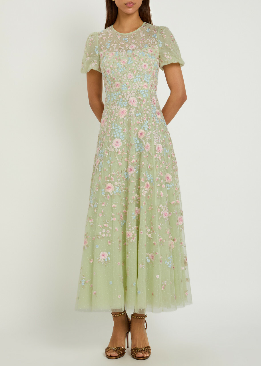 Needle & Thread Peony Floral-embroidered Tulle Midi Dress Light Green
