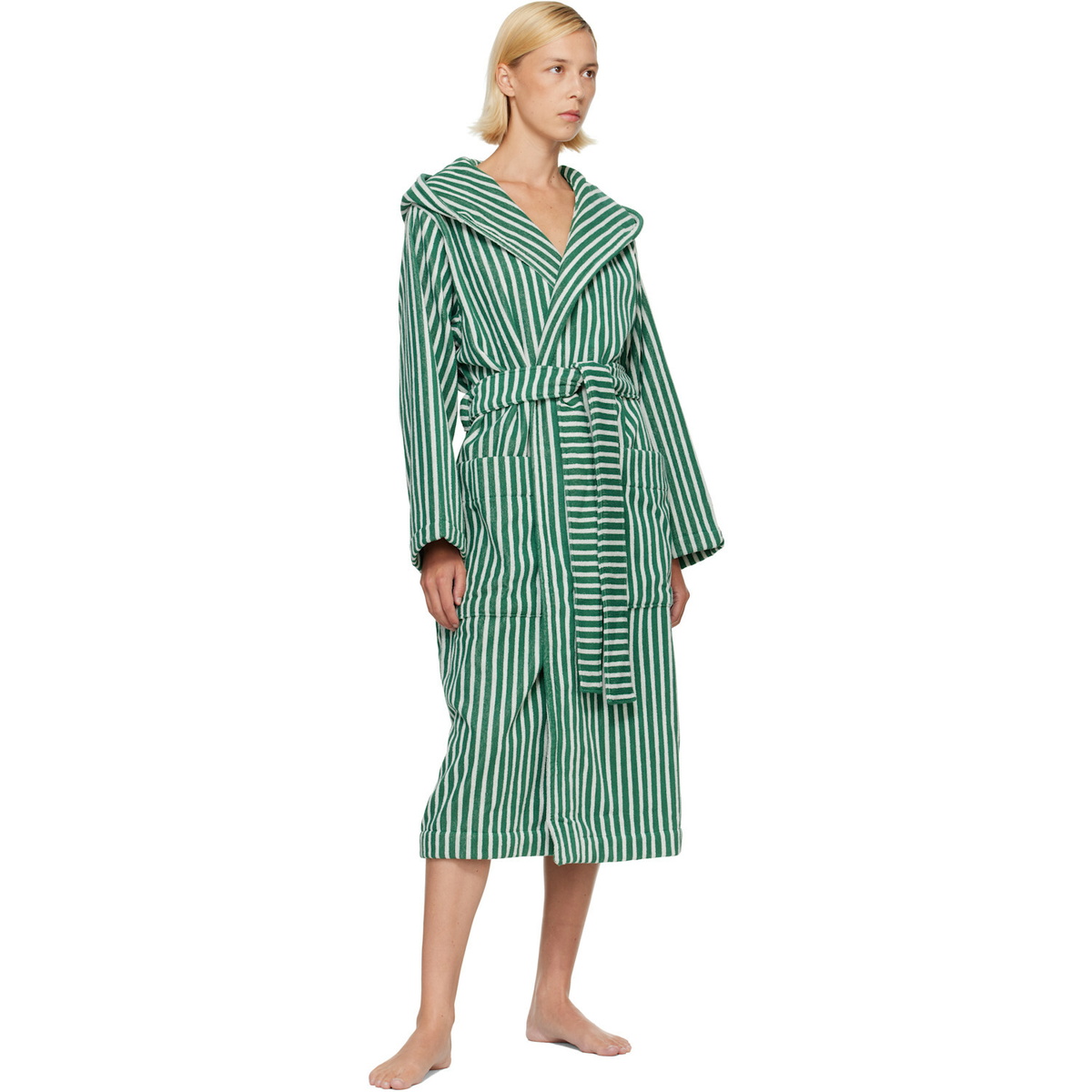 Tekla Green & White Terry Hooded Bathrobe