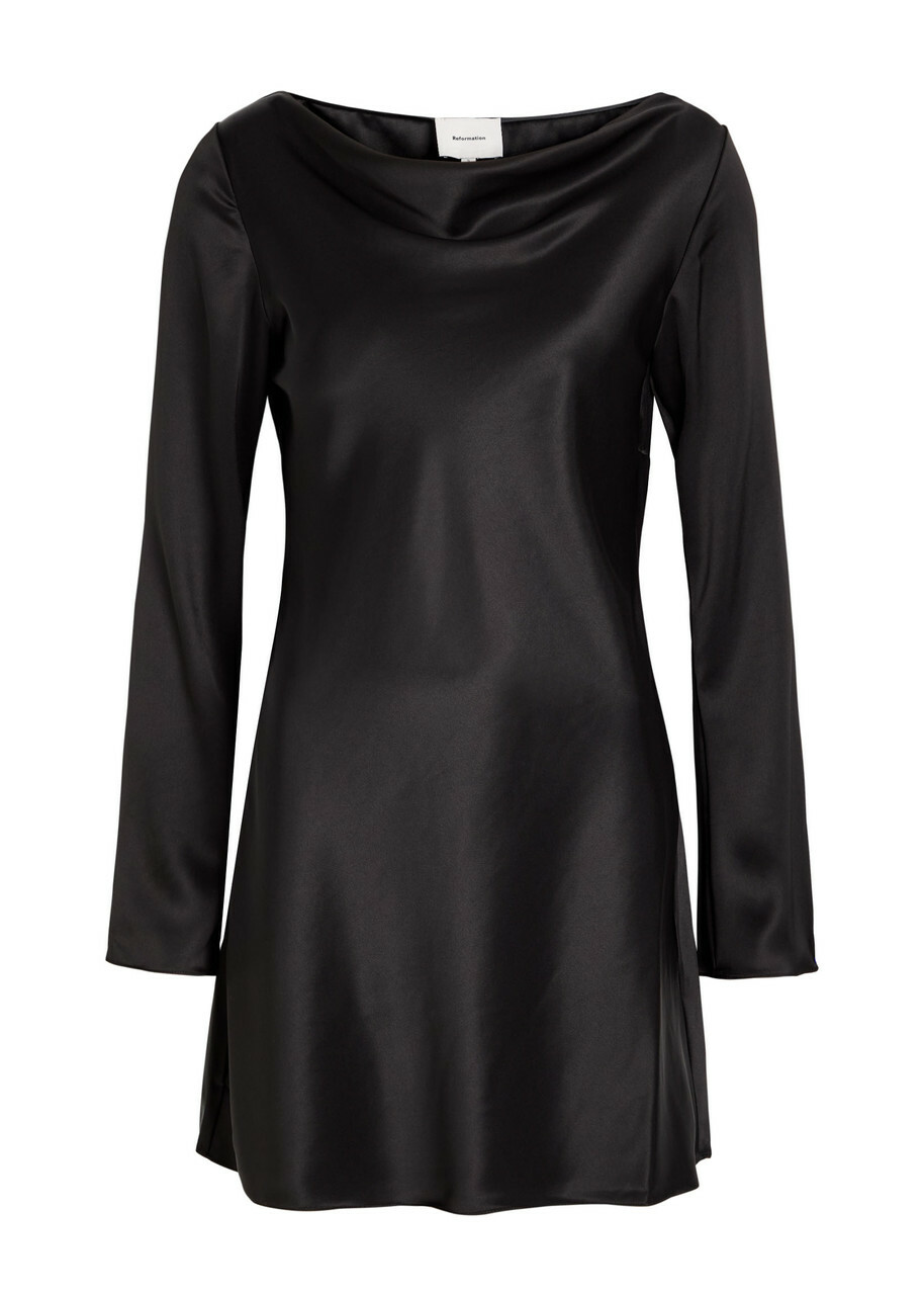 Reformation Pike Draped Satin Mini Dress Black