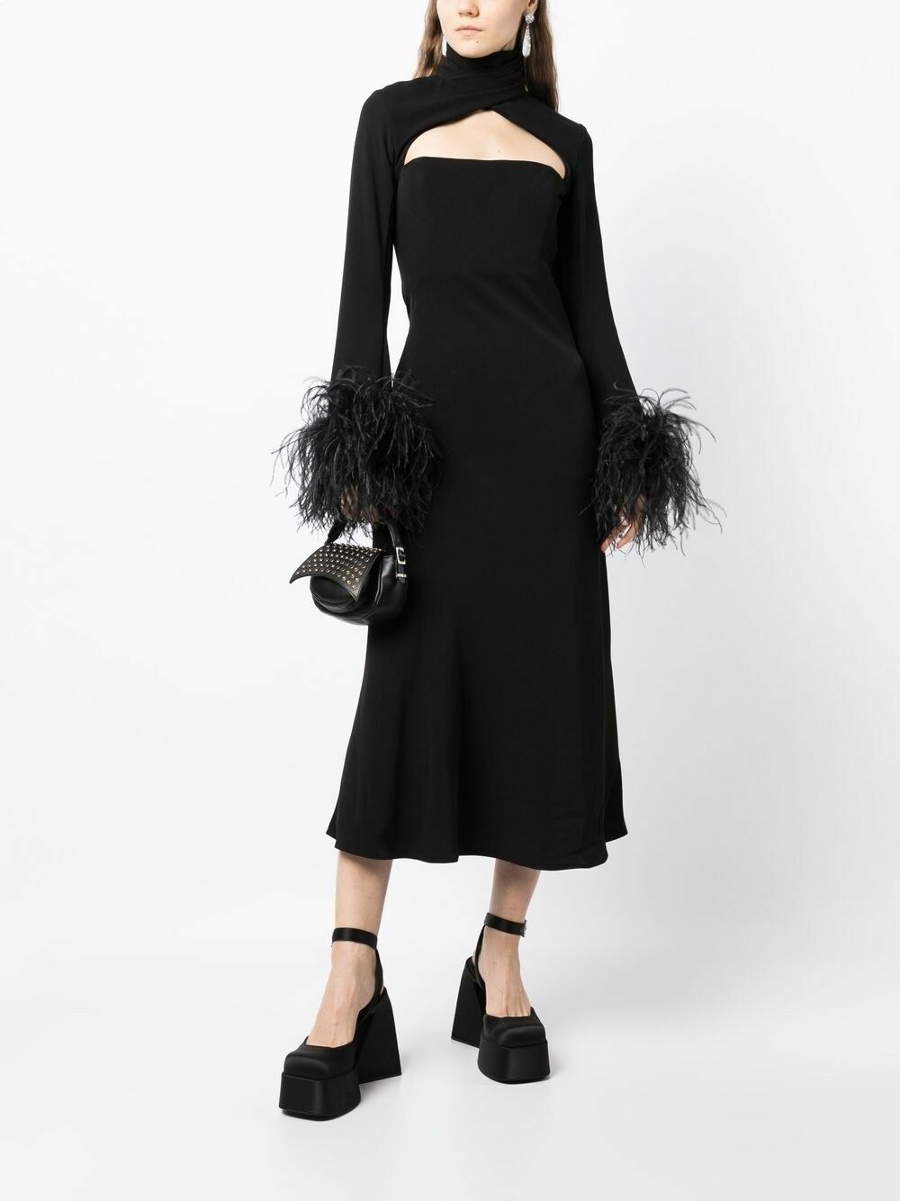 16Arlington Black Odessa Feather-Trim Midi Dress 16Arlington