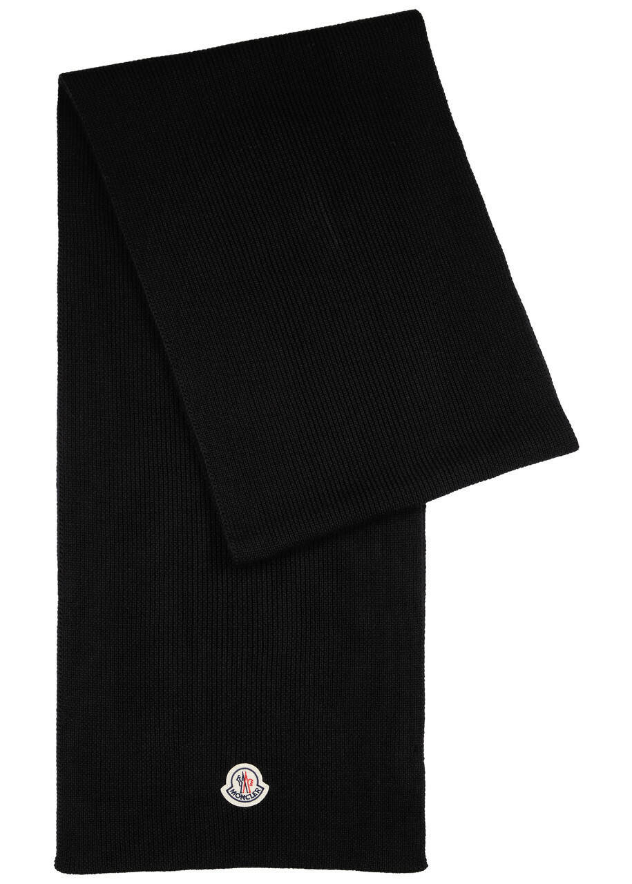 Moncler Logo Ribbed Wool Scarf - Black - One Size