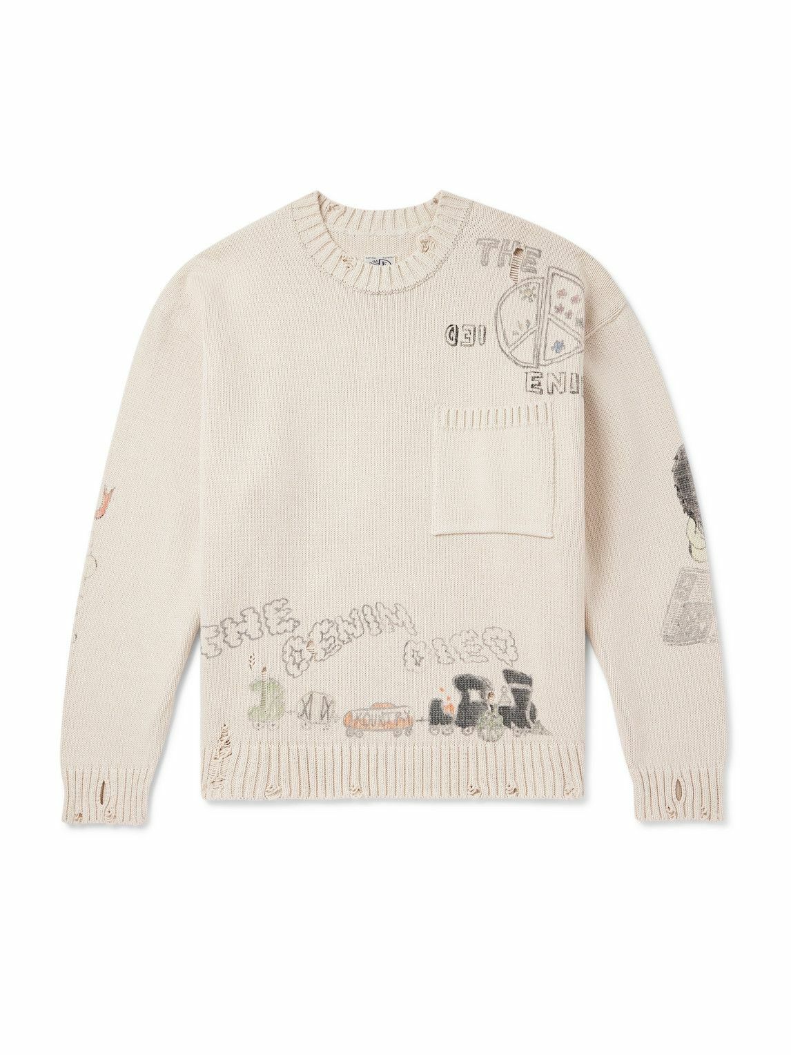KAPITAL - Distressed Printed Cotton Sweater - Neutrals