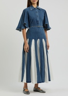 Lovebirds Panelled Denim and Cotton-poplin Midi Dress Blue