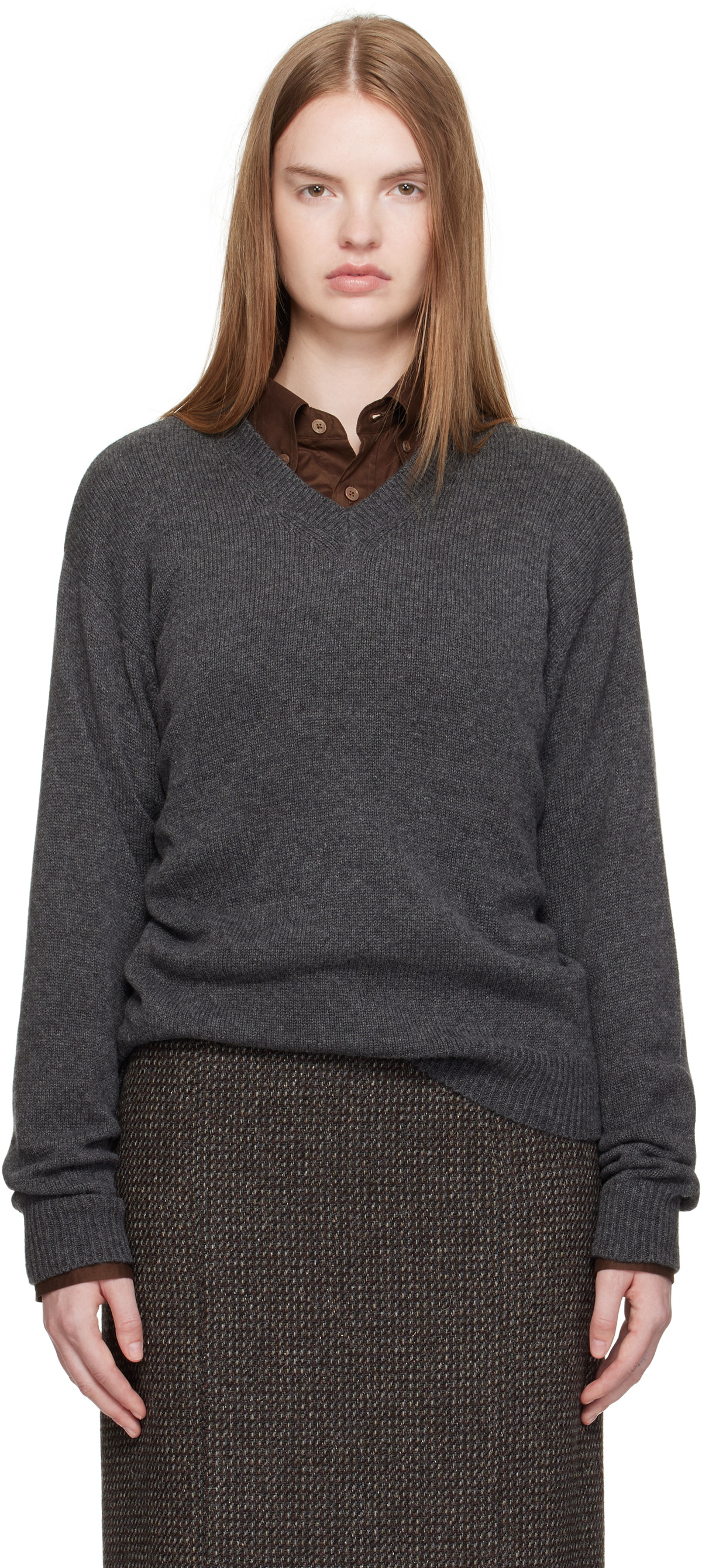 AURALEE Gray Light Cashmere Knit V-Neck Sweater