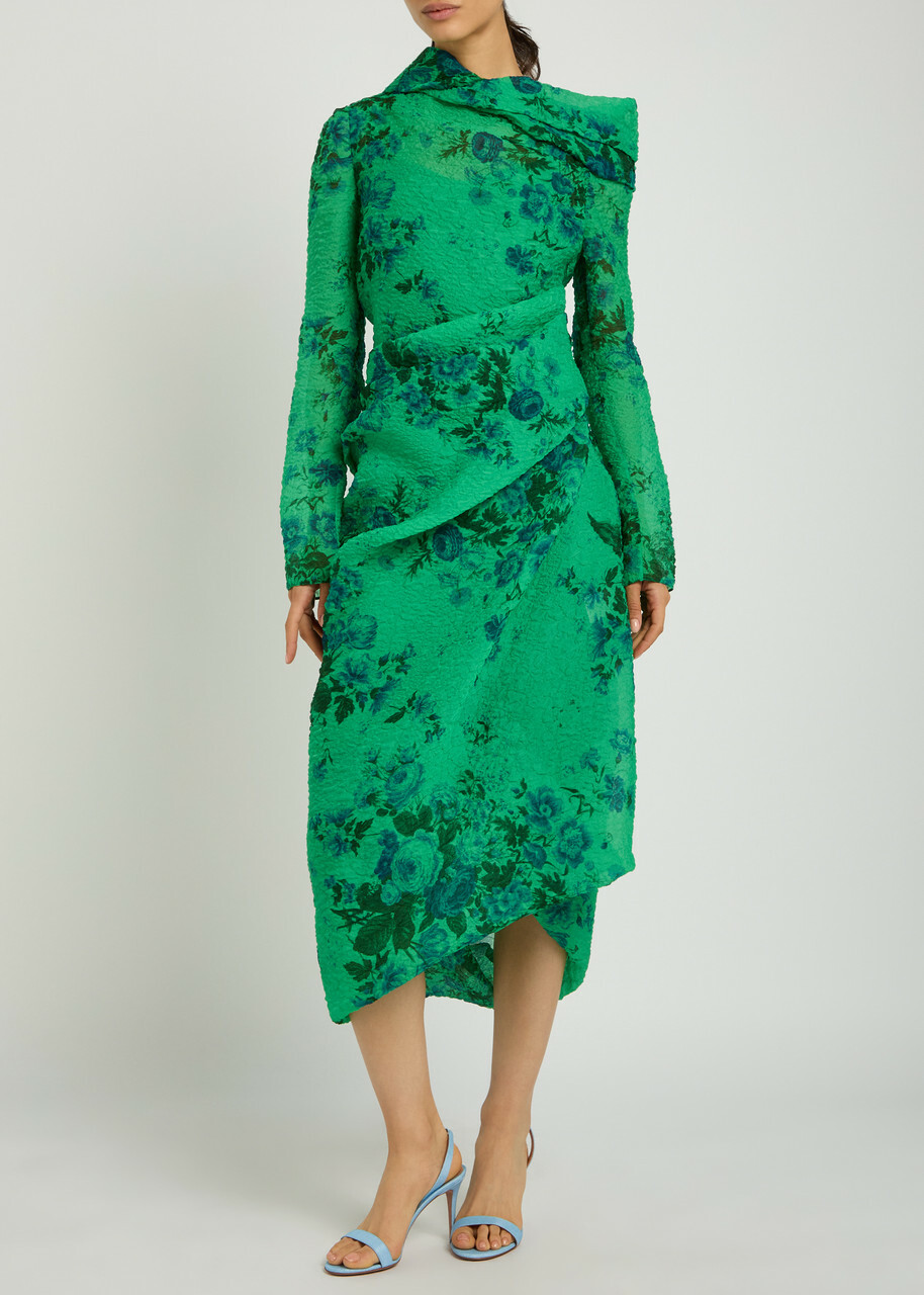 Erdem Floral Draped Cloqué Midi Dress Green