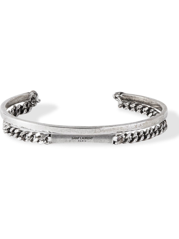 Photo: SAINT LAURENT - Logo-Engraved Burnished Silver-Tone Cuff - Silver