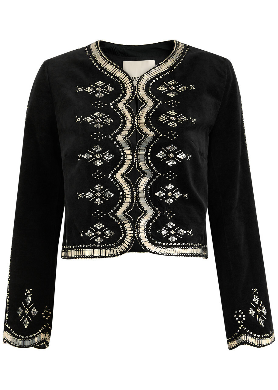 Isabel Marant Hady Beaded Cropped Velvet Jacket Black And Silver
