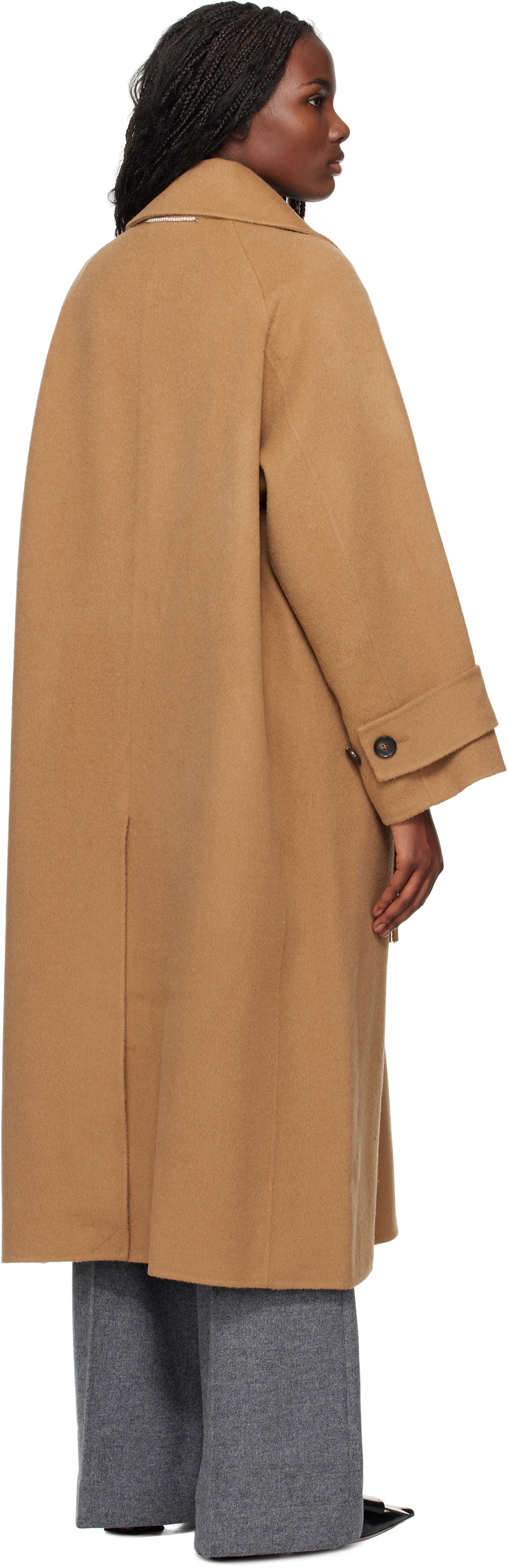 KIMHĒKIM Tan Alpaca Fringe Scarf Long Coat