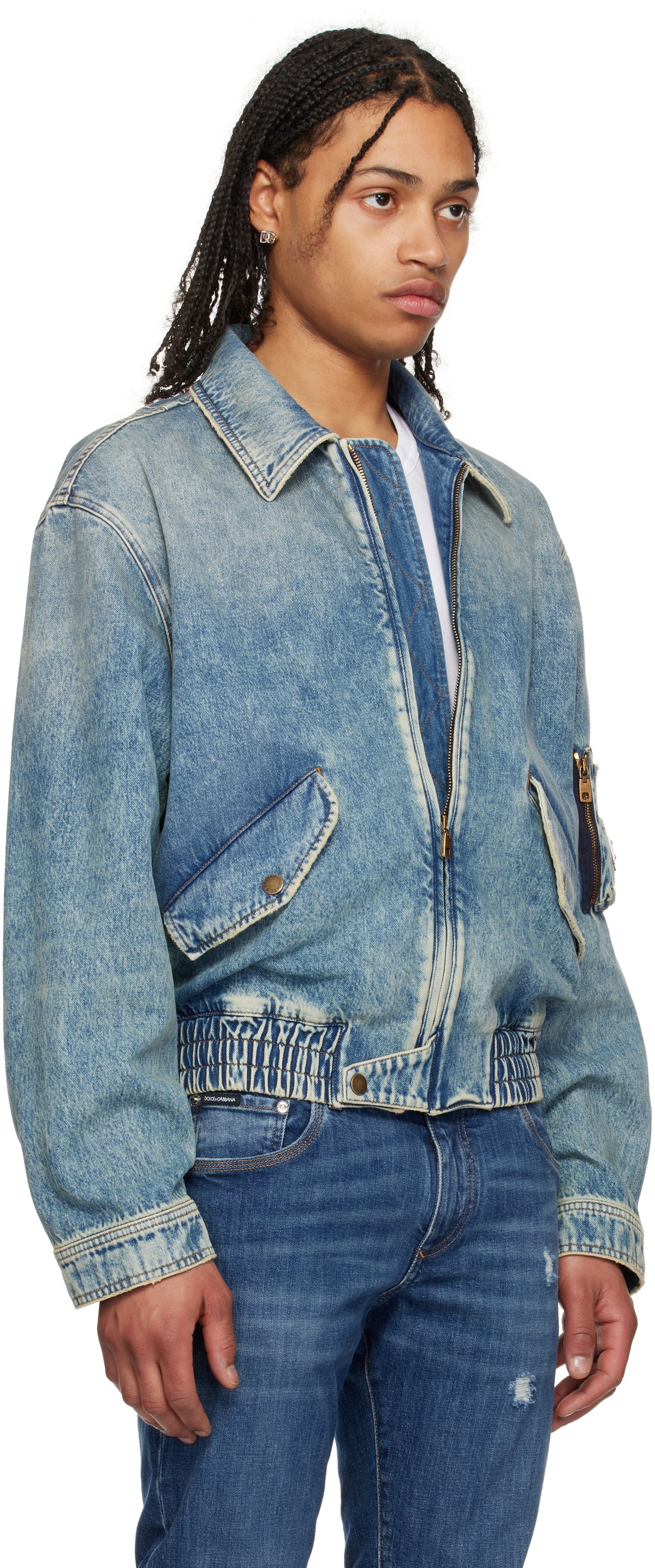 Dolce&Gabbana Blue Cotton Tag Denim Bomber Jacket