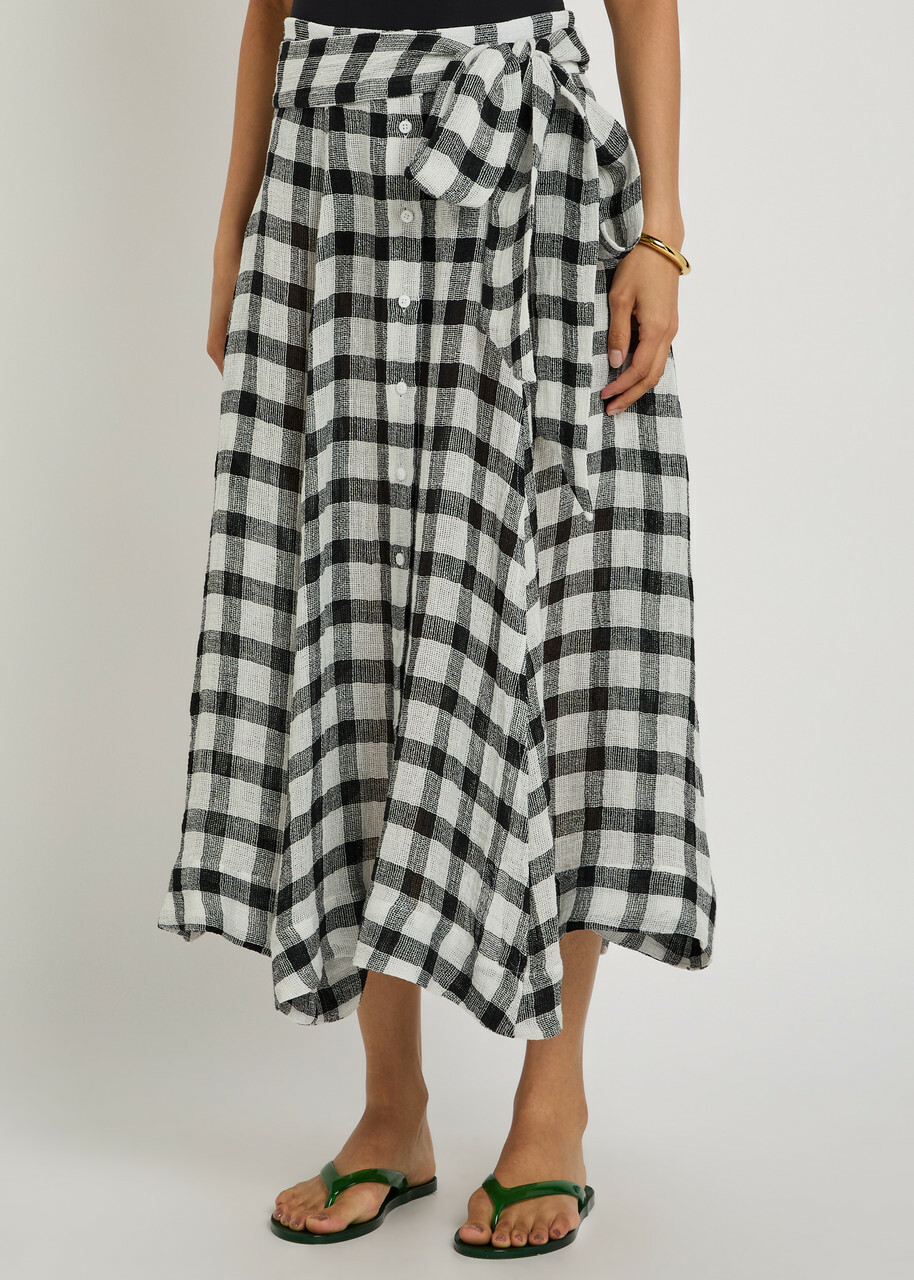 Lisa Marie Fernandez Checked Belted Linen-blend Midi Skirt Beige