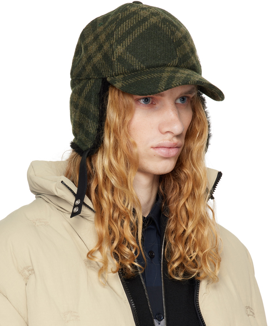 Burberry Green Shearling Trim Corduroy Trapper Cap Burberry