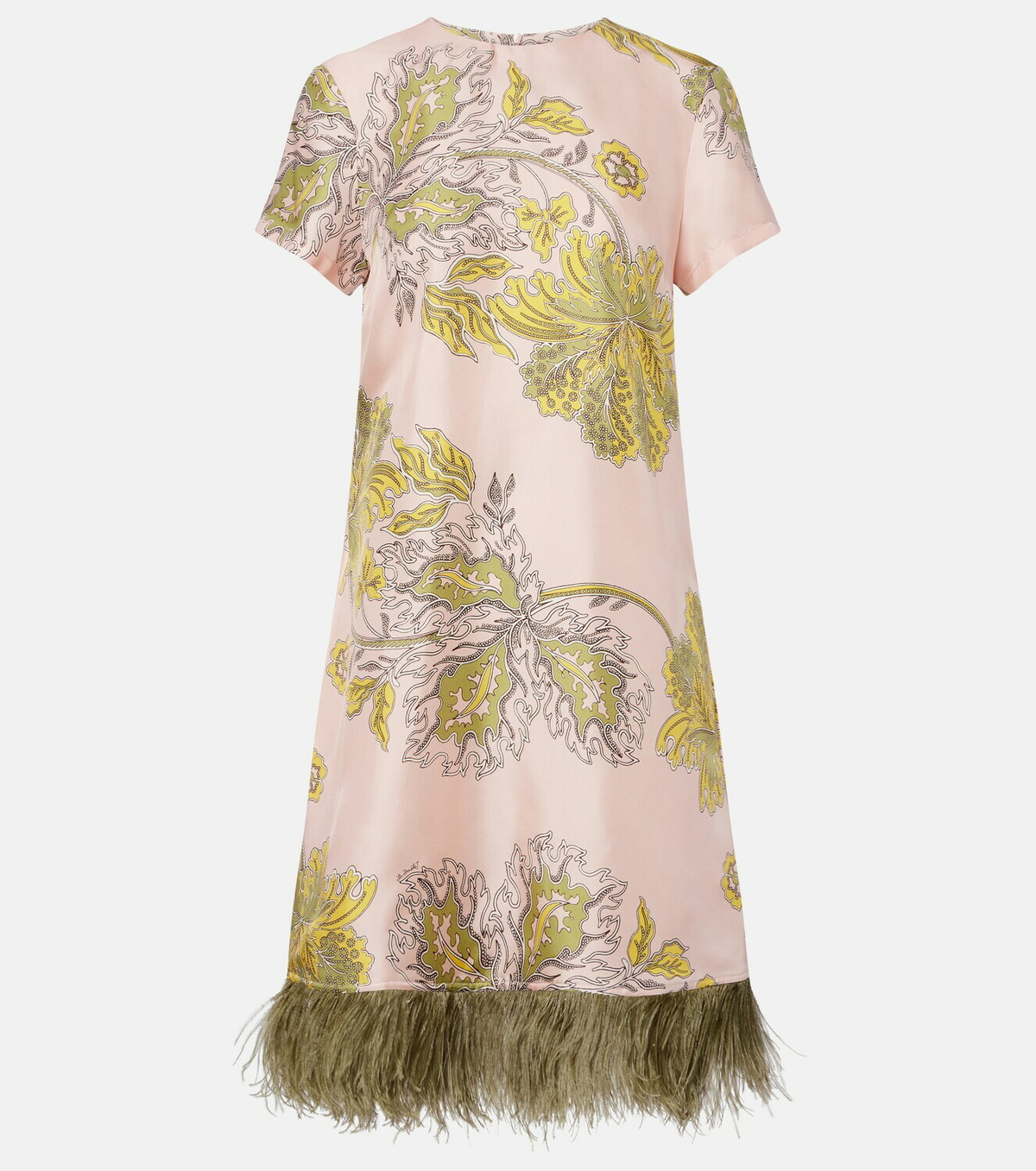 La DoubleJ Swing feather-trimmed floral silk twill minidress