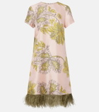 La DoubleJ Swing feather-trimmed floral silk twill minidress