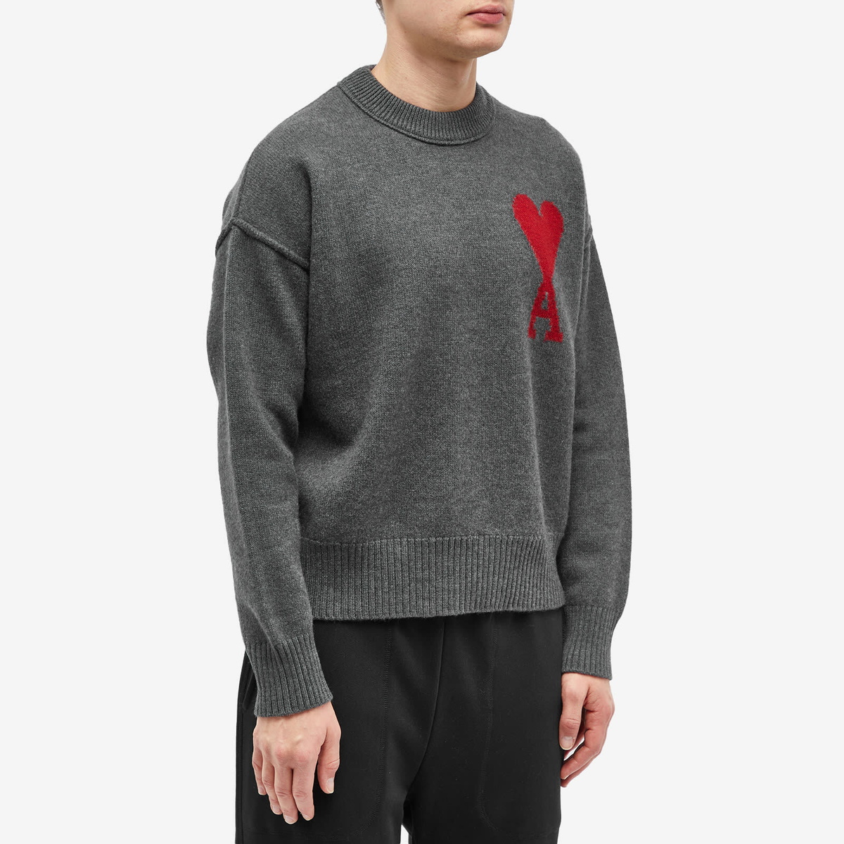 AMI Paris A Heart Crew Knit in Heather Grey/Red