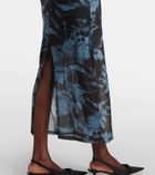 Ganni Printed ruched mesh maxi dress