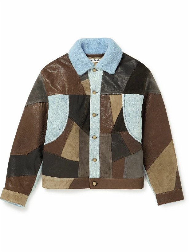 Photo: Acne Studios - Shearling-Trimmed Patchwork Leather and Denim Jacket - Brown