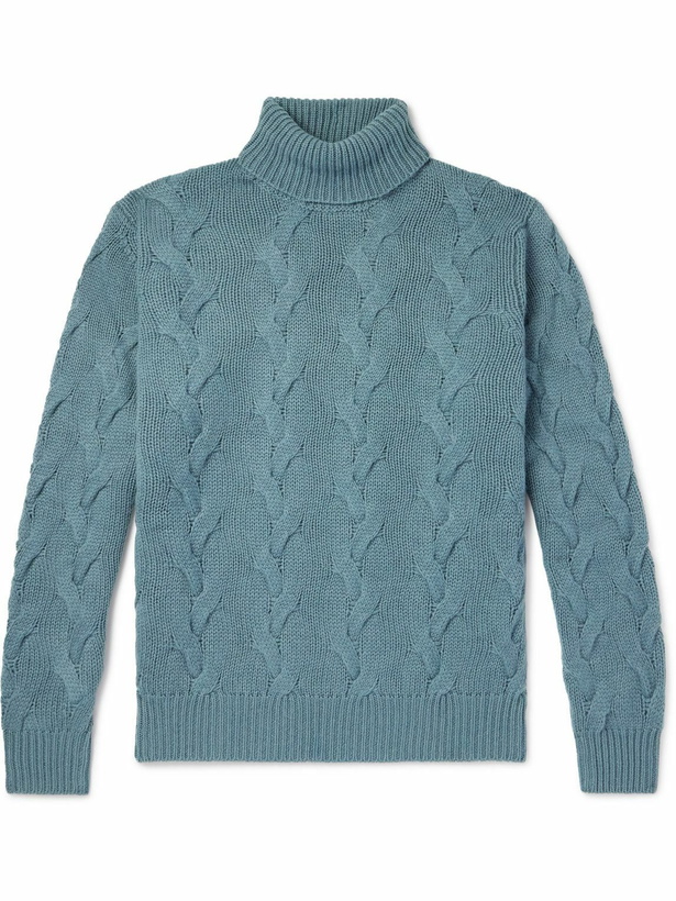 Photo: Thom Sweeney - Cable-Knit Cashmere Rollneck Sweater - Blue