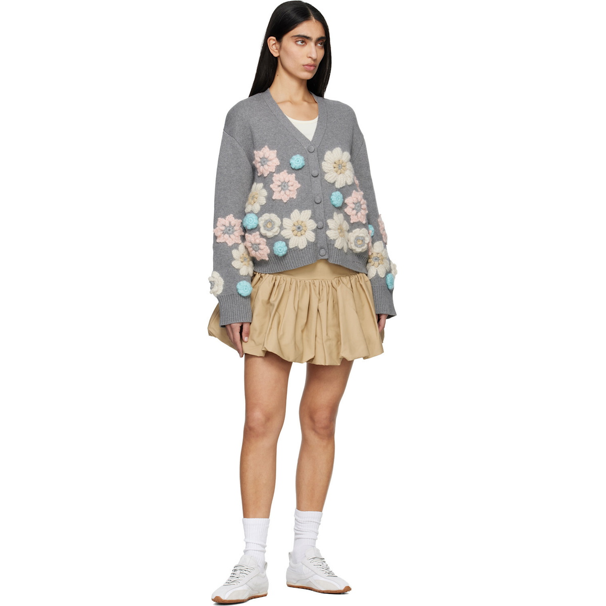 GANNI Gray Cotton Cashmere Flower Cardigan