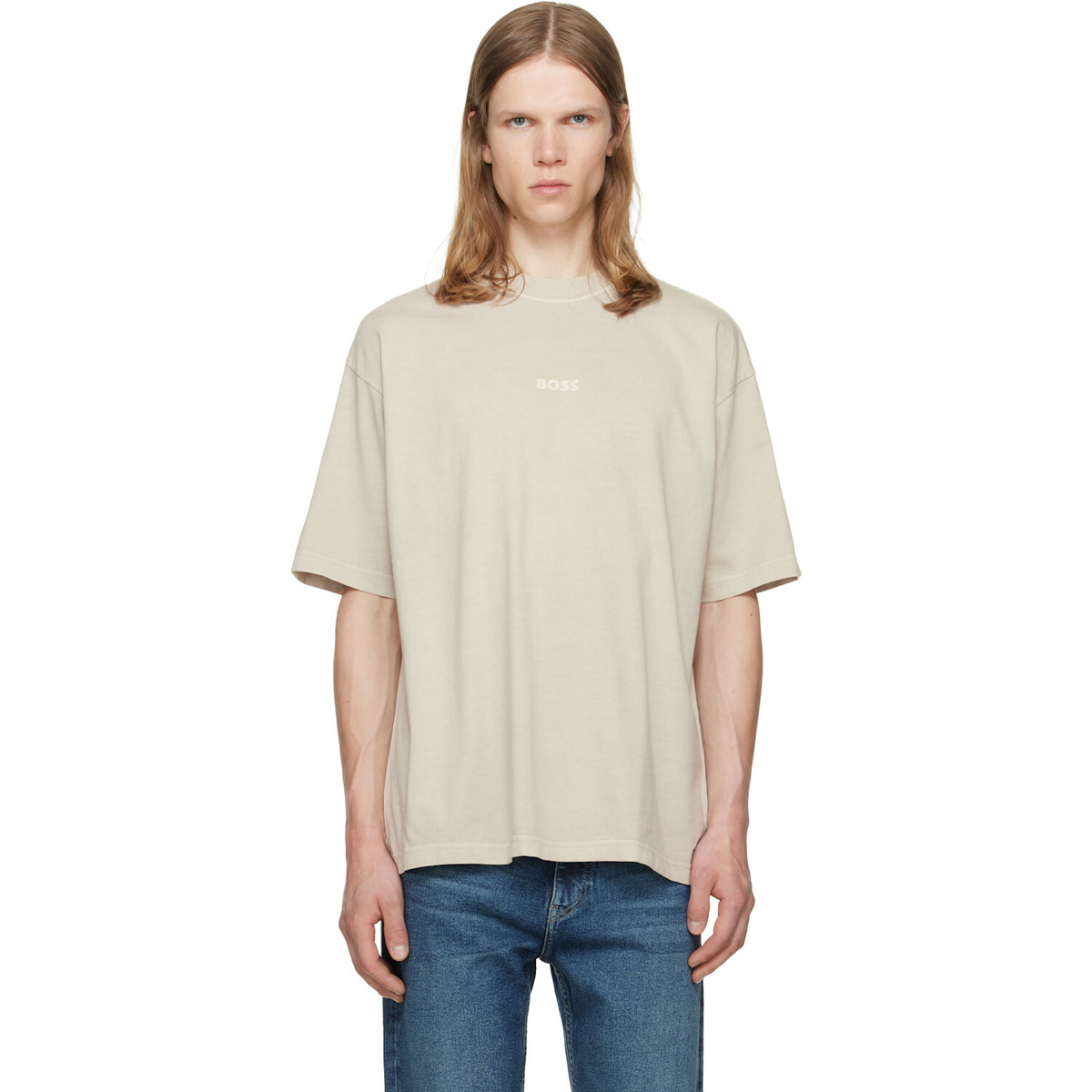 BOSS Beige Relaxed-Fit Cotton Embroidered Logo T-shirt