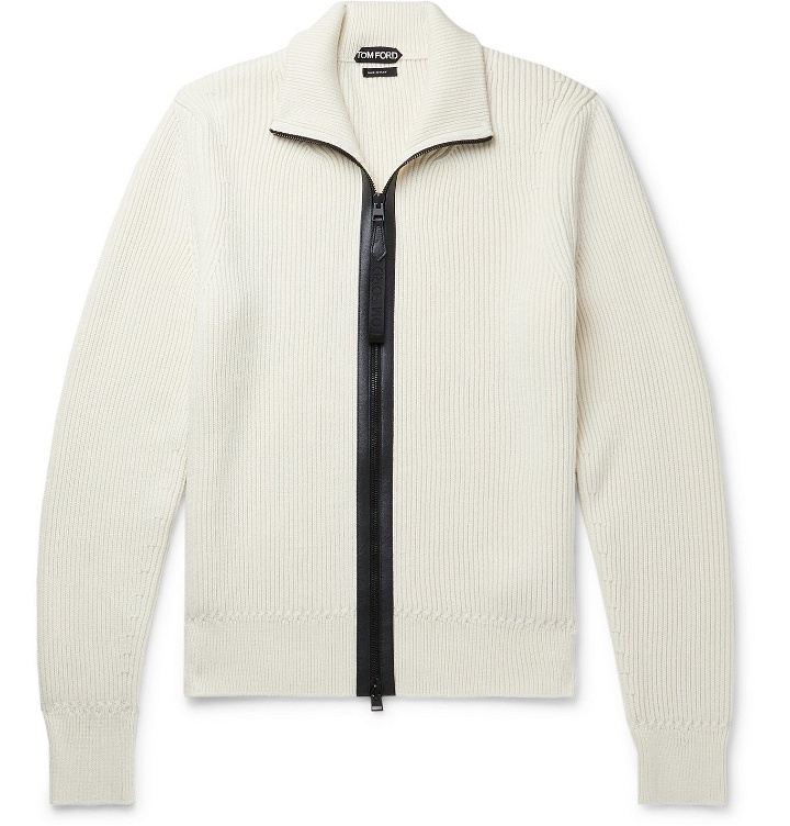 Photo: TOM FORD - Leather-Trimmed Ribbed Wool and Cashmere-Blend Zip-Up Cardigan - Neutrals