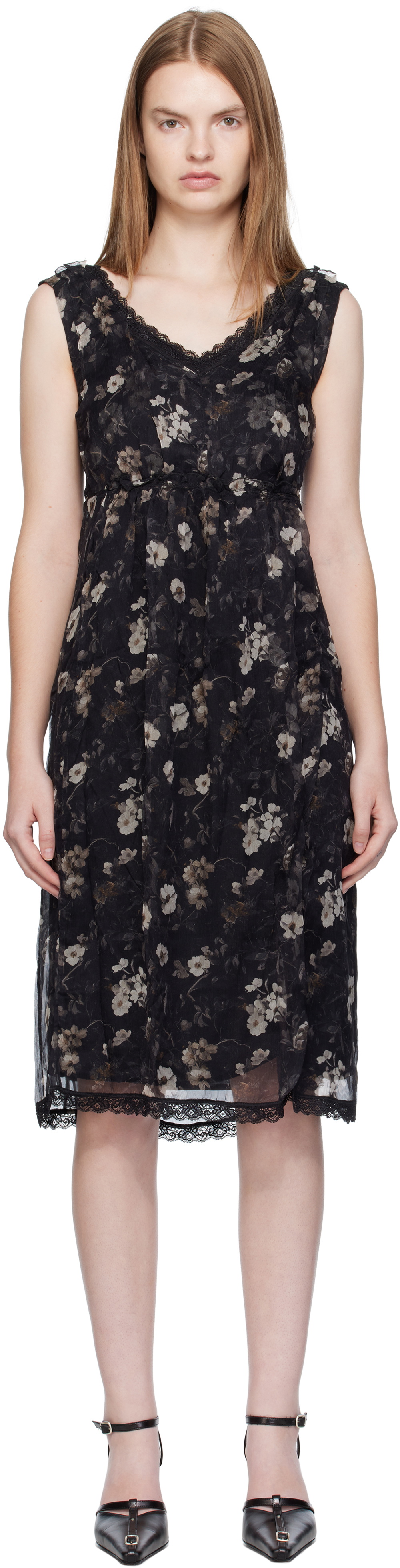 R13 Black Sleeveless V-Neck Midi Dress
