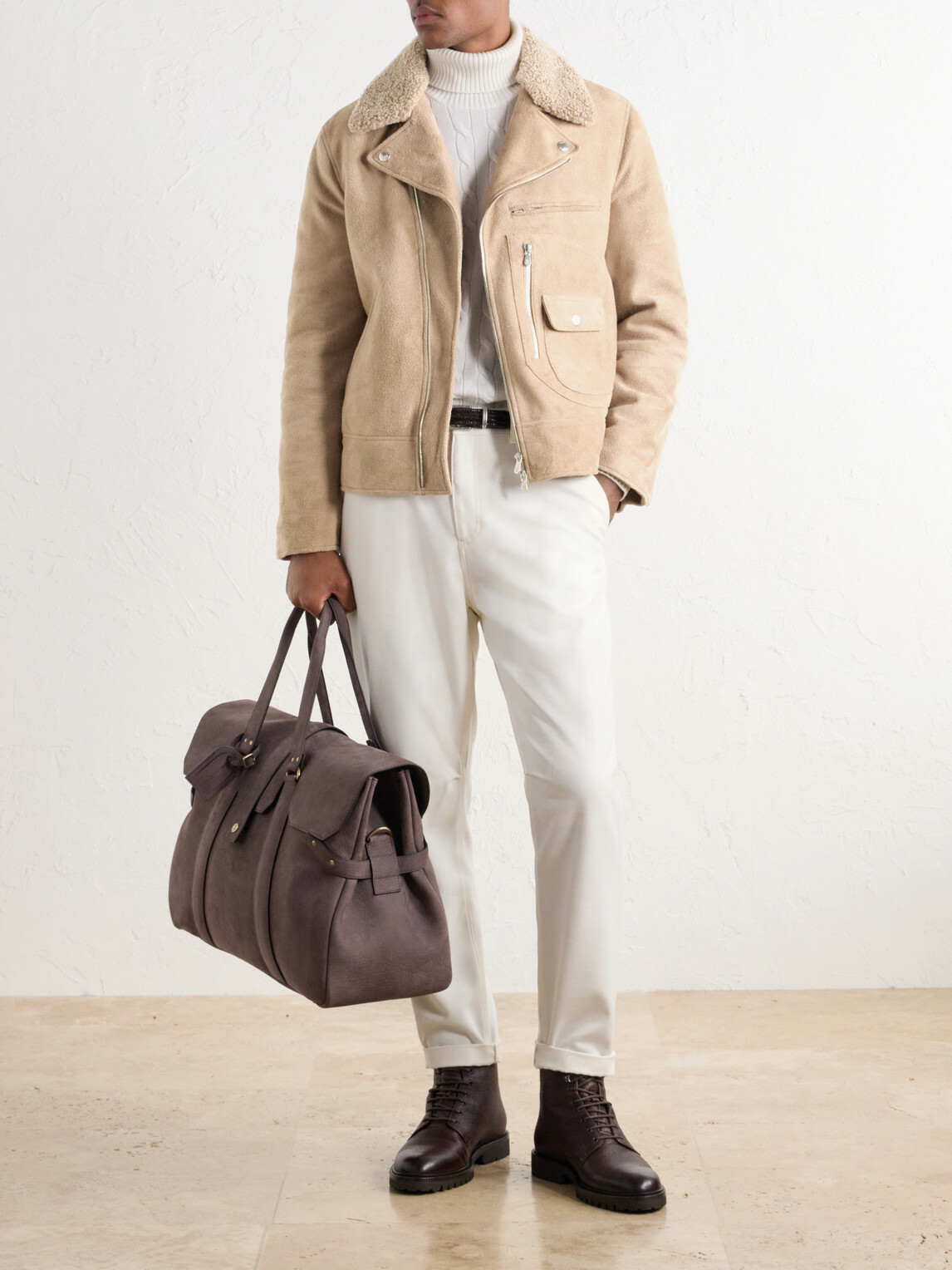 Brunello Cucinelli - Shearling-Trimmed Suede Leather Biker Jacket - Neutrals