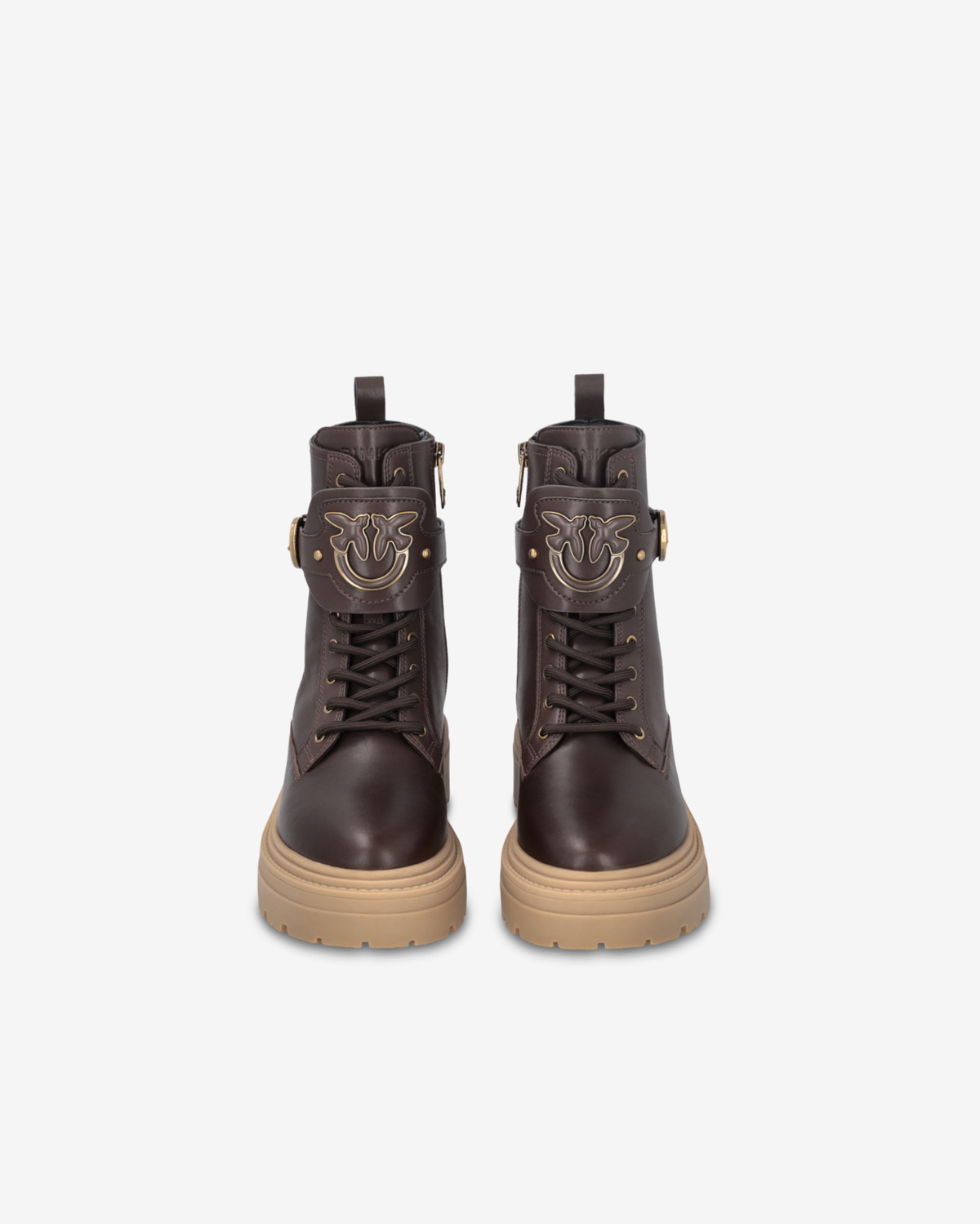 Pinko Leather Combat Boots With Branded Front Strap Peppercorn