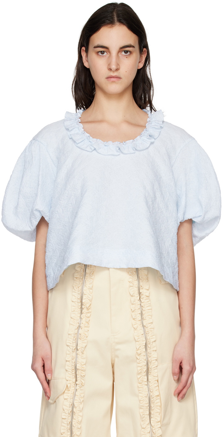 2024 Simone Rocha Crewneck Puff-Sleeve T-Shirt with Pearlescent Embroidery Size Small