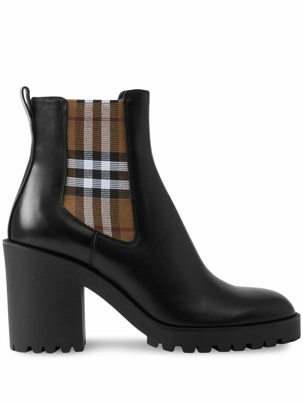 BURBERRY - Check Motif Leather Ankle Boots Burberry
