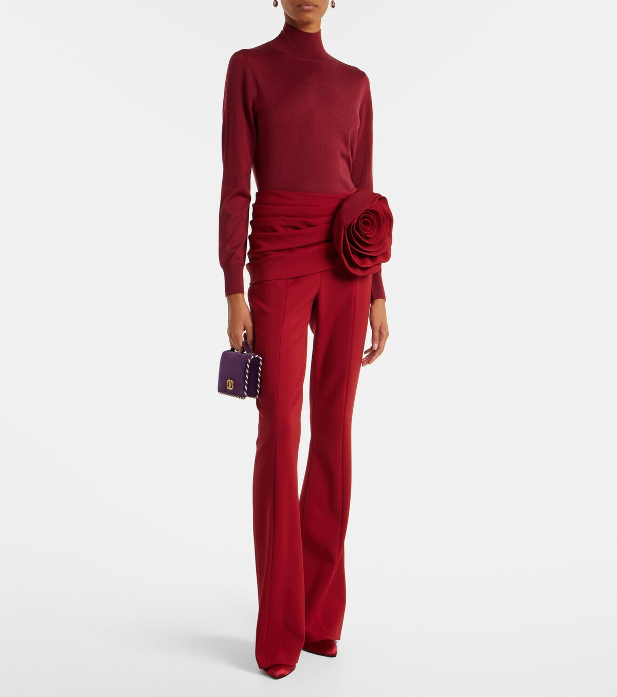 Carolina Herrera Floral-appliqué draped wool-blend flared pants