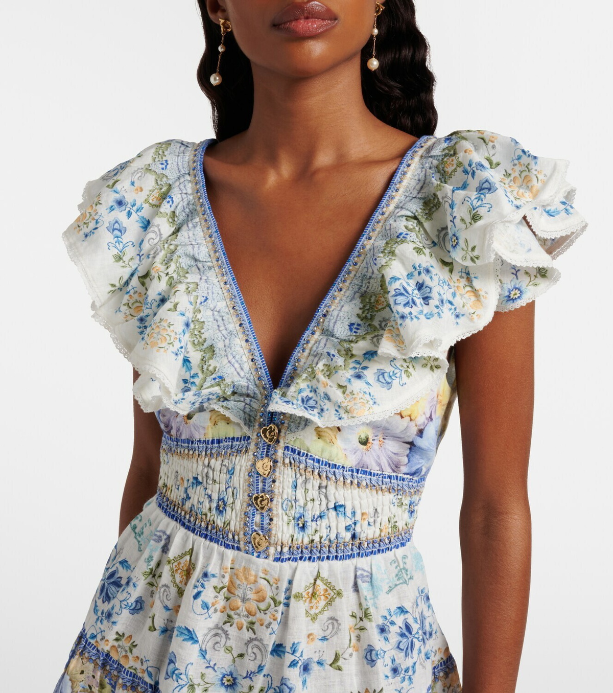 Camilla Embellished floral linen minidress
