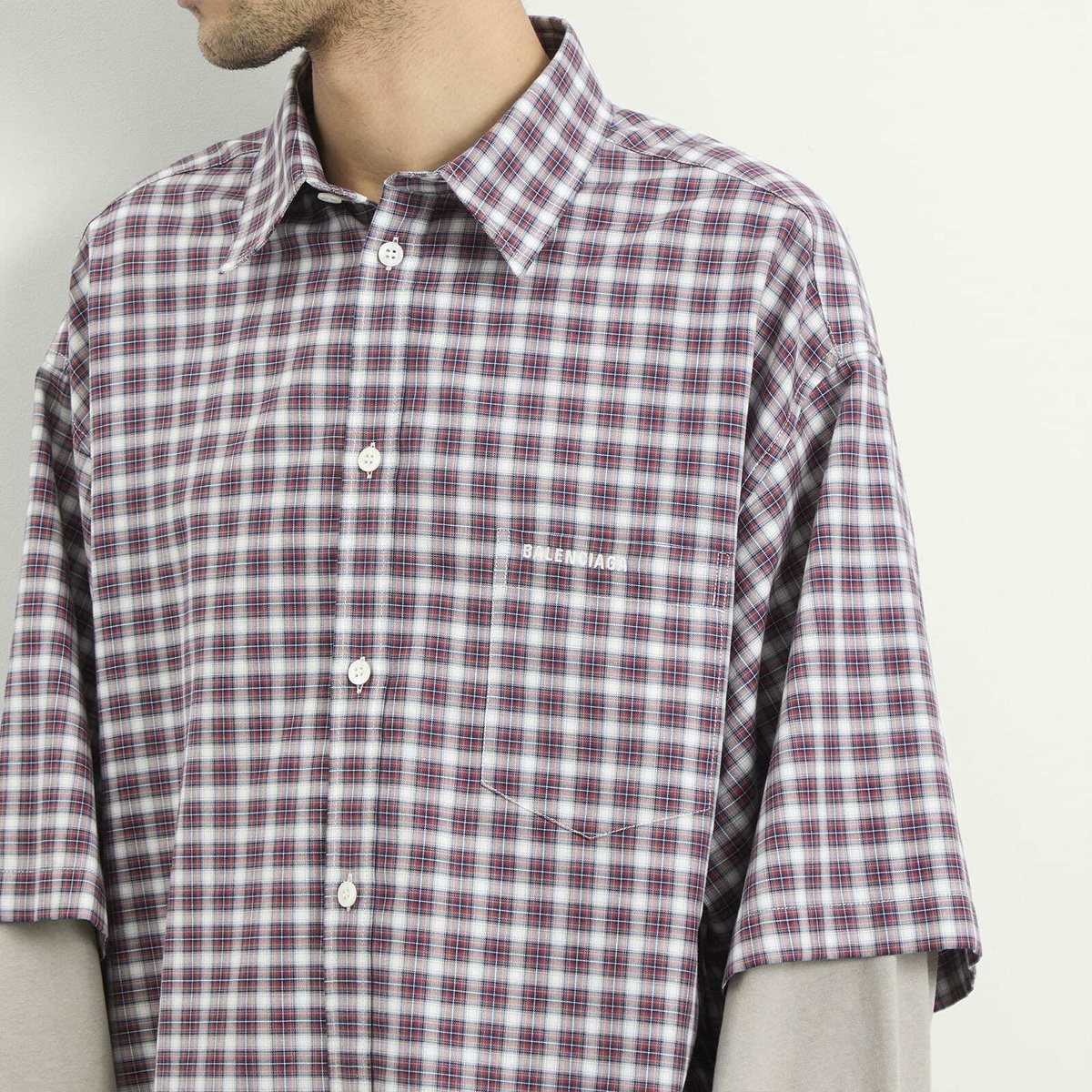 Balenciaga Men's Check Poplin Double Layer Shirt in Red/Navy