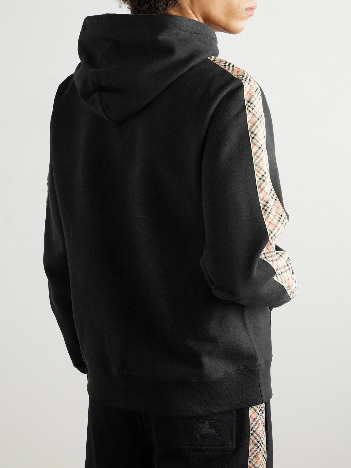 Burberry - Checked Logo-Embroidered Cotton-Jersey Hoodie - Black