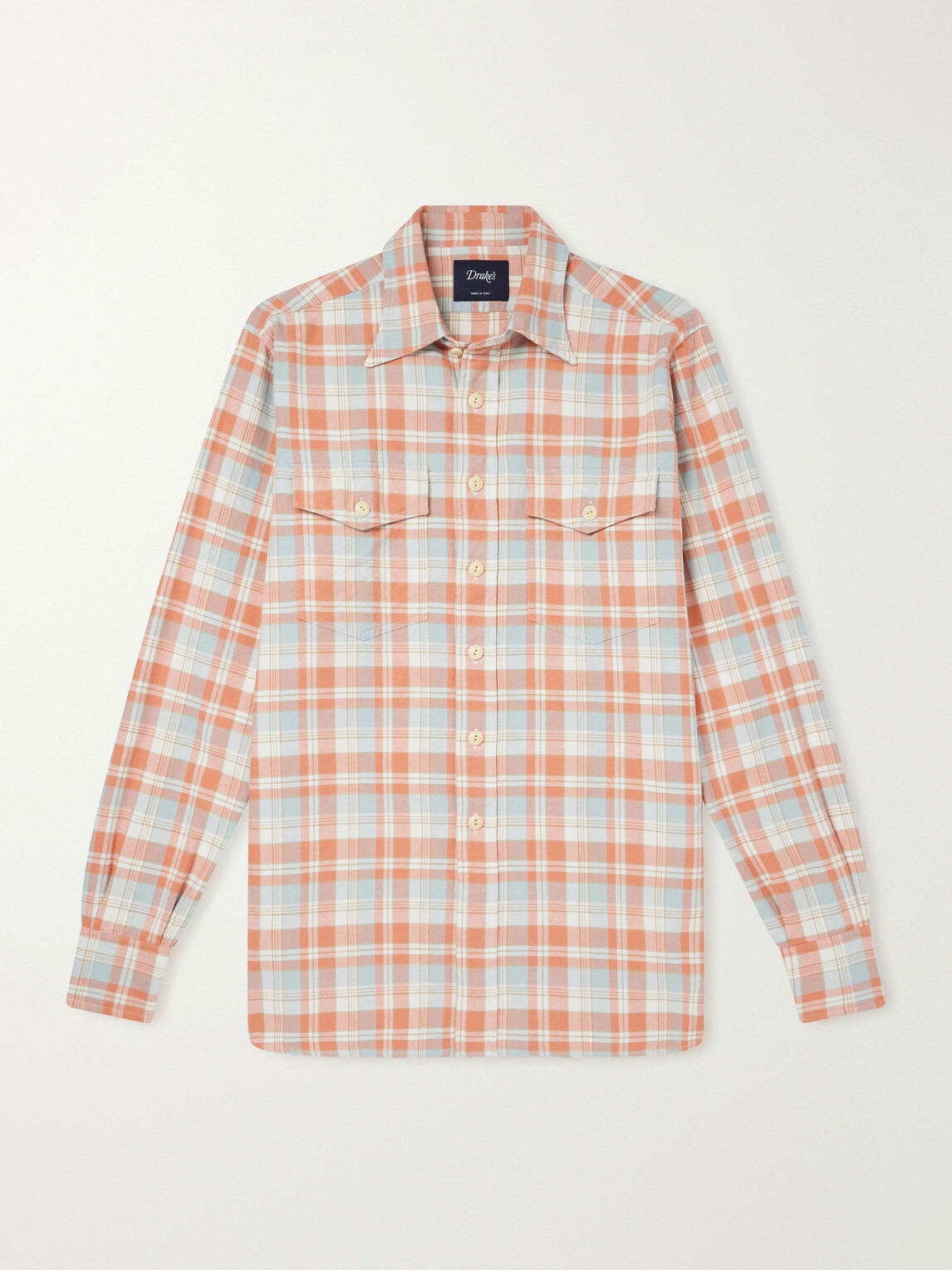 Drake's - Checked Brushed Cotton-Flannel Shirt - Orange