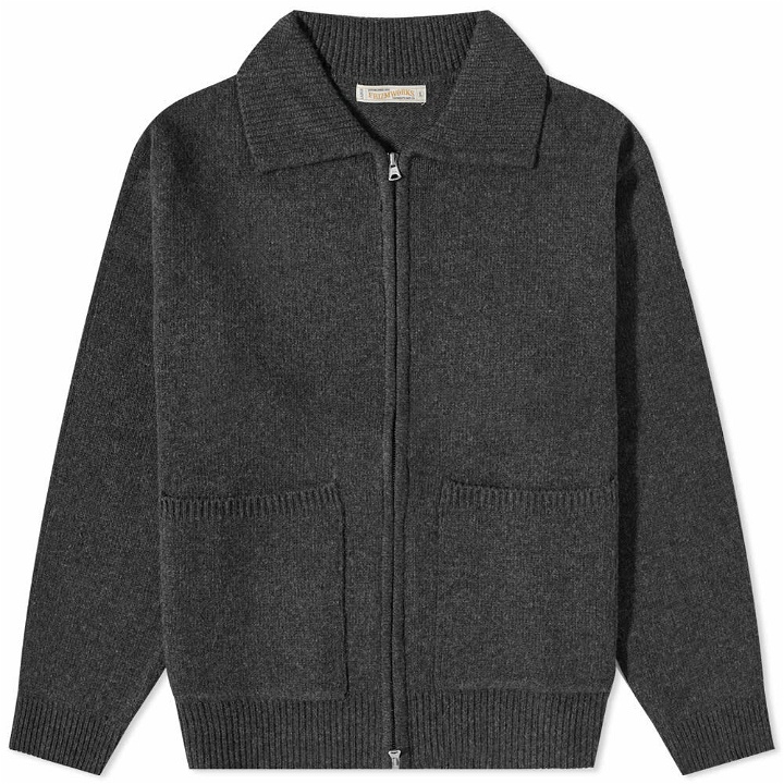 Photo: FrizmWORKS Men's Wool Collar Zip Up Knit Cardigan in Charcoal