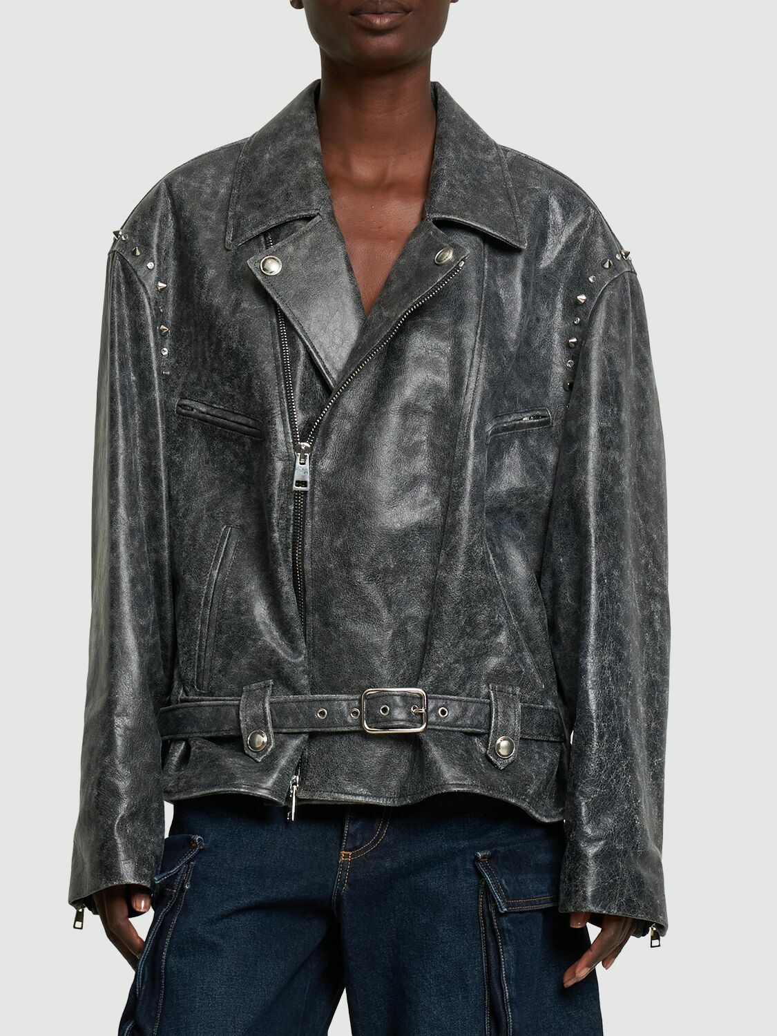 ALESSANDRA RICH - Studded Leather Oversize Biker Jacket