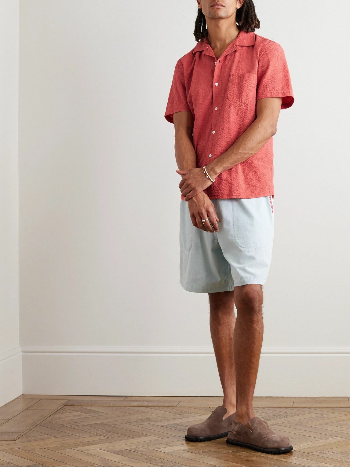 La Paz - Panama Convertible-Collar Cotton-Seersucker Shirt - Red
