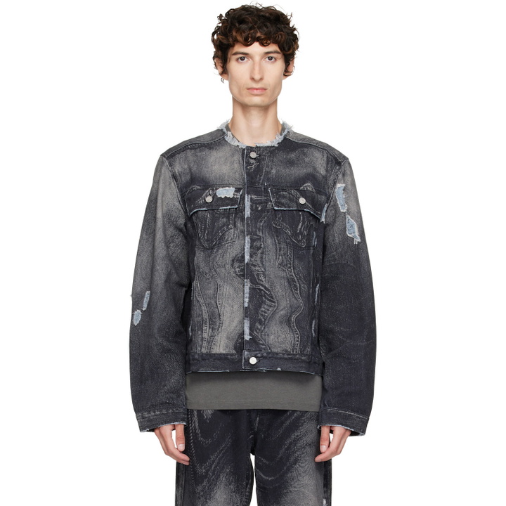 Photo: CAMPERLAB Black Distorted Print Distressed Denim Jacket