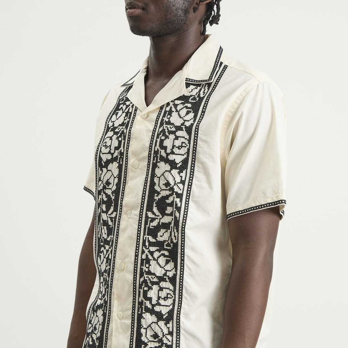 Portuguese Flannel Men's Cross Stitch Vacation Shirt in Ecru