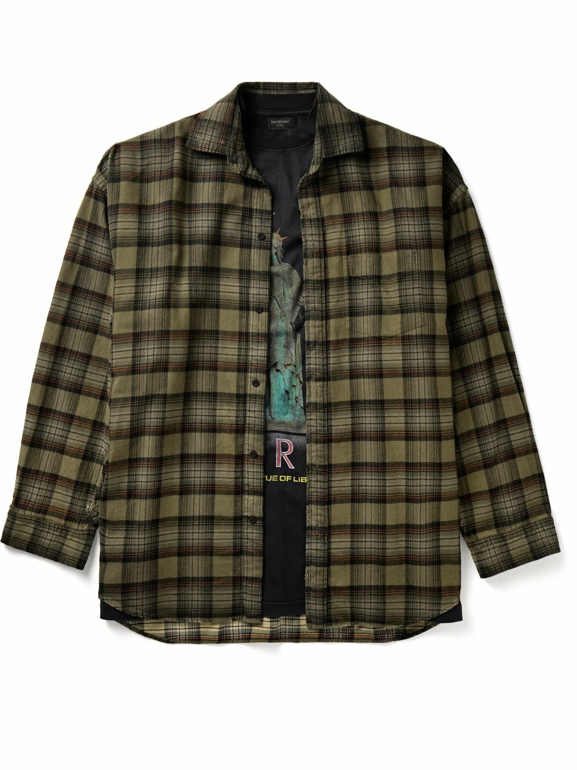 Balenciaga チェック柄シャツ カーキ Balenciaga - Oversized Layered Checked Cotton-Flannel and Printed