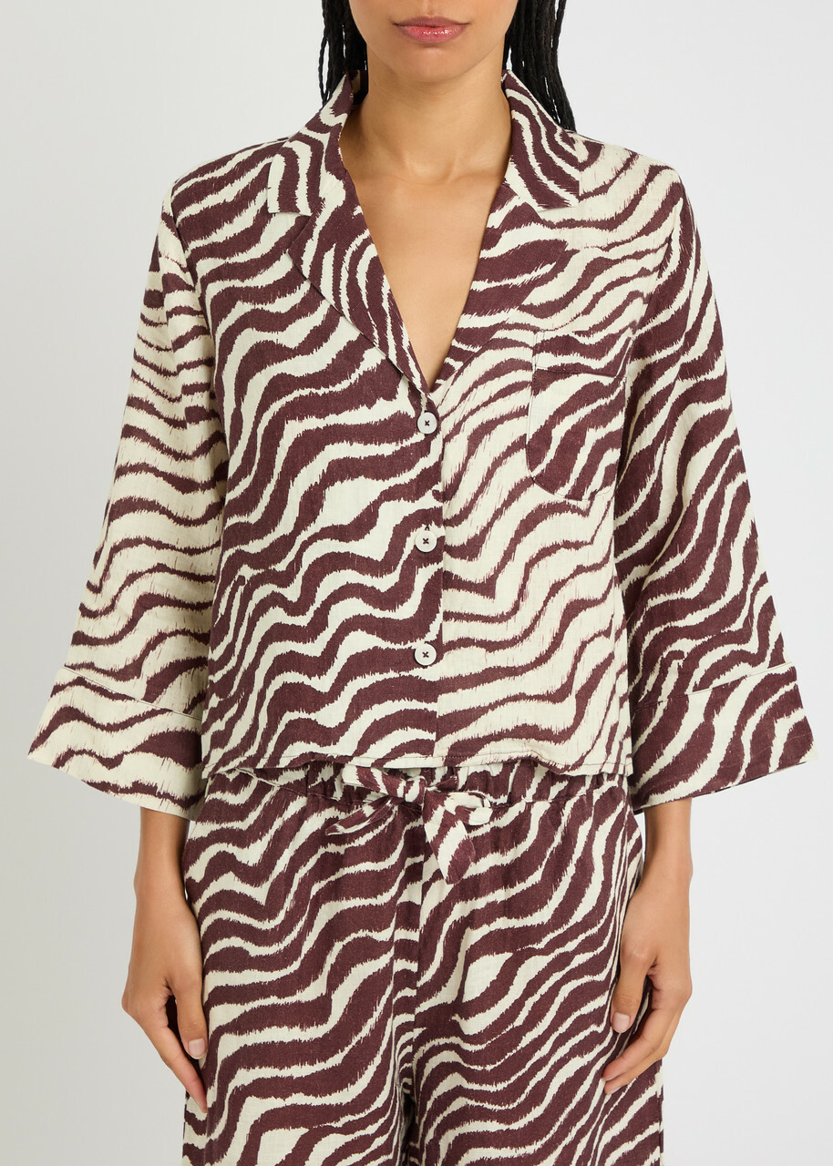 Desmond & Dempsey Tide Zebra-print Linen Shirt Brown