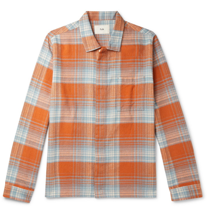 Photo: Folk - Patch Checked Brushed Cotton-Flannel Shirt - Orange