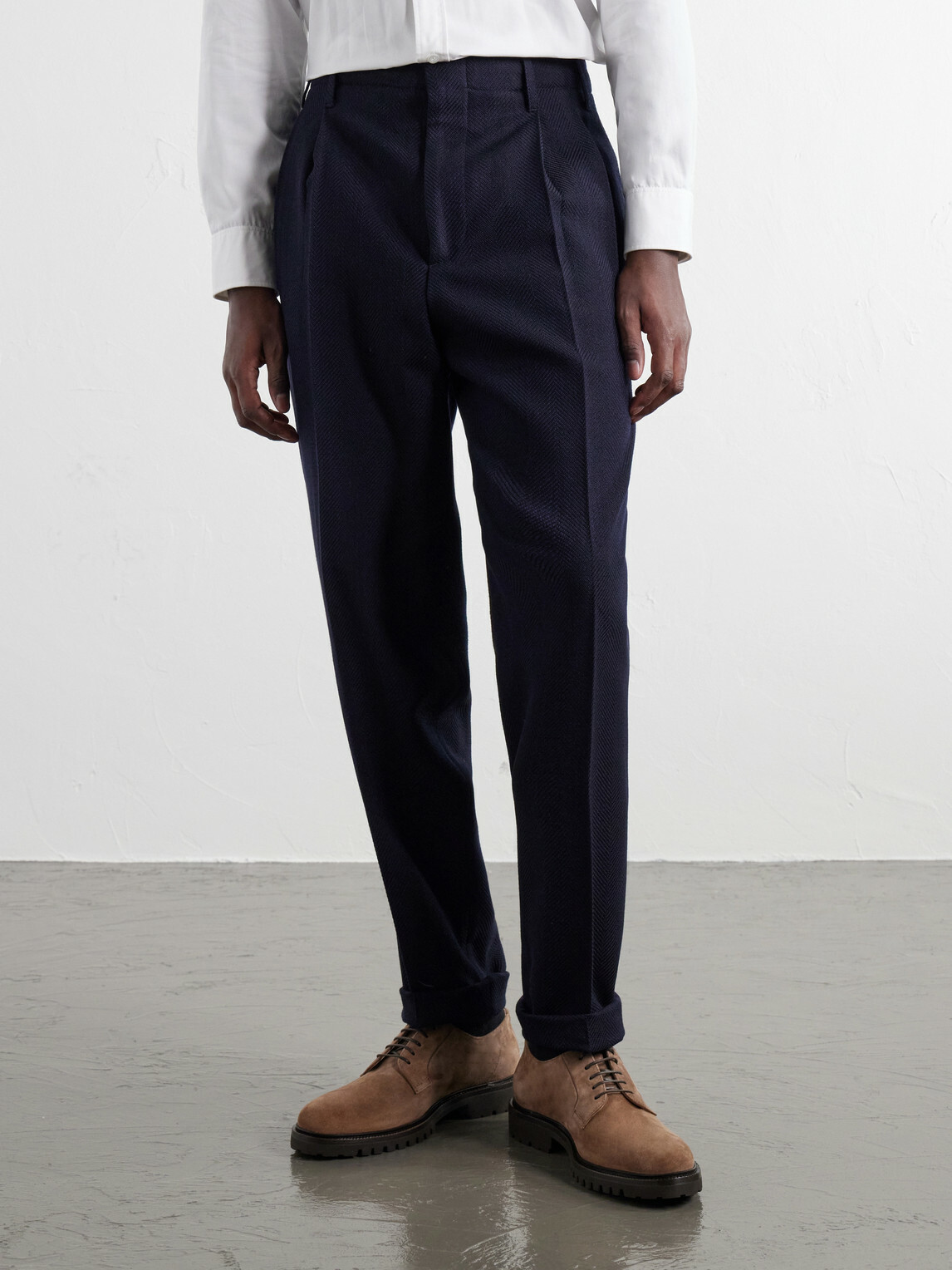 Brunello Cucinelli - Tapered Pleated Wool and Cotton-Blend Herringbone Suit Trousers - Blue