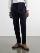 Brunello Cucinelli - Tapered Pleated Wool and Cotton-Blend Herringbone Suit Trousers - Blue