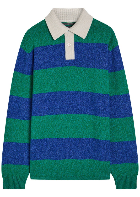 Photo: Begg & CO Hooped Striped Cashmere Polo Jumper Blue