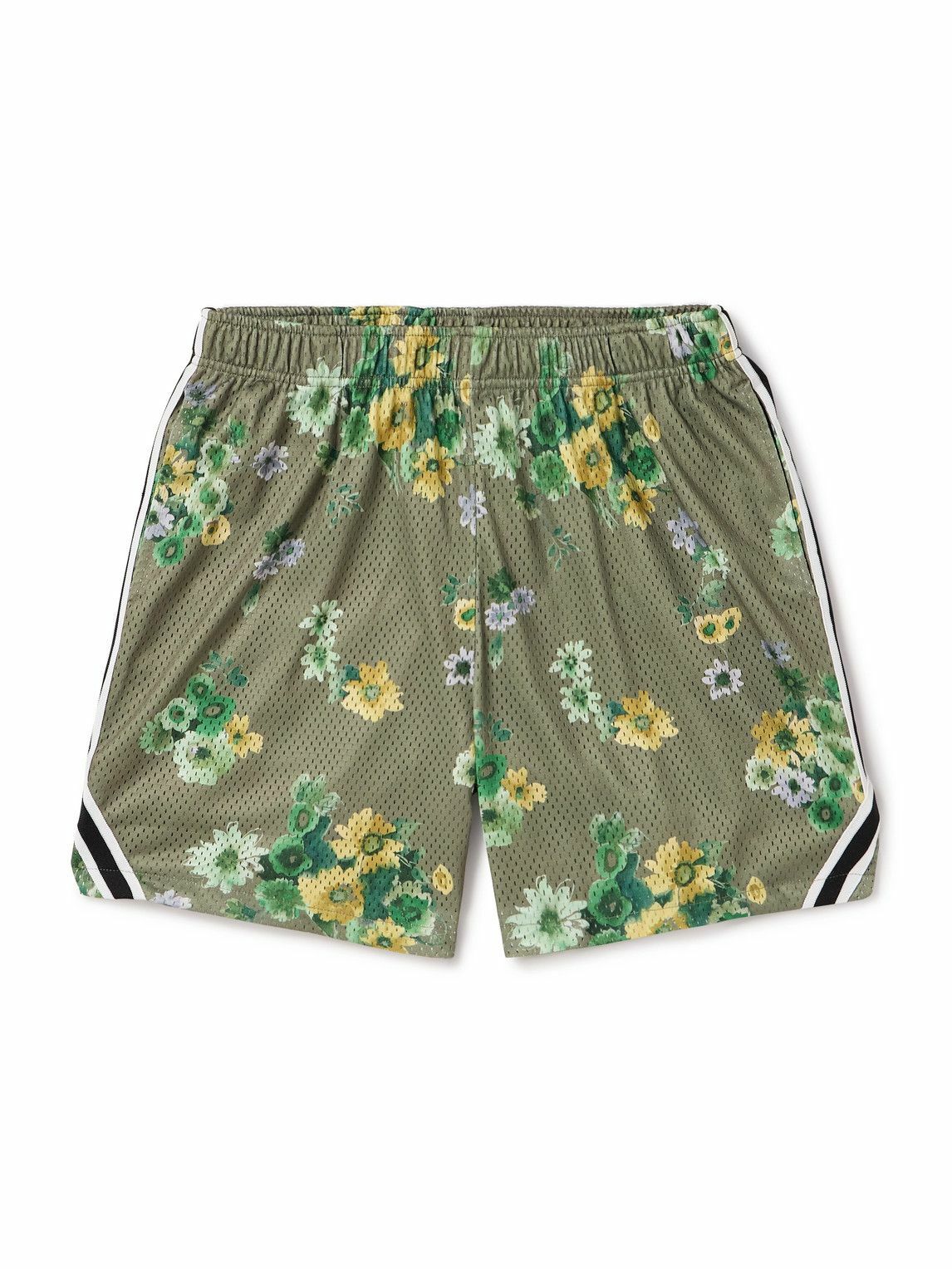 John Elliott - Rivalry Straight-Leg Webbing-Trimmed Floral-Print Mesh Shorts - Green