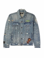 AMIRI - Vintage Pegasus Embellished Distressed Paint-Splattered Denim Trucker Jacket - Blue