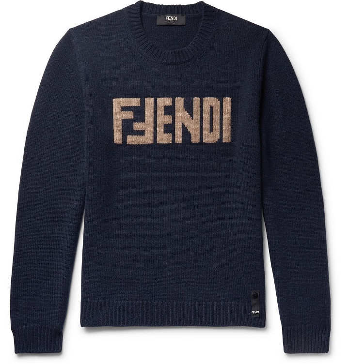 Photo: Fendi - Slim-Fit Logo-Intarsia Cashmere Sweater - Men - Navy