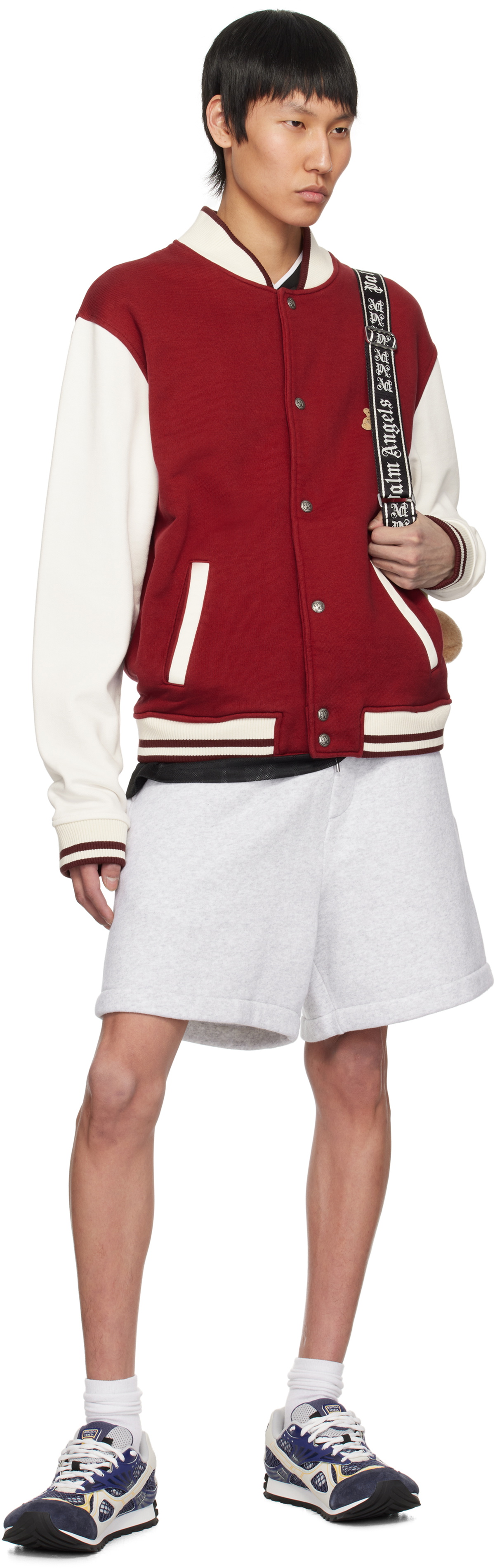 Palm Angels Red & White 'Bear in Mind' Varsity Bomber Jacket
