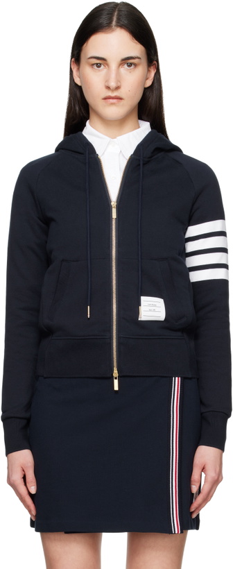 Photo: Thom Browne Navy Classic Loopback 4-Bar Zip Hoodie